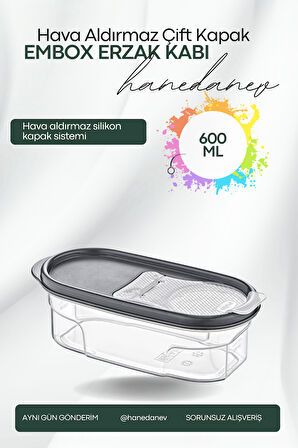Embox Çift Kapak Sistemli Erzak Kabı - Hava Aldırmaz Kapaklı Saklama Kabı 600 ML 9 x 6 Cm