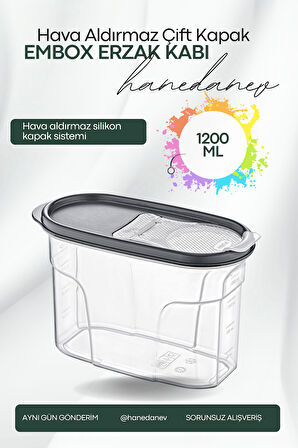 Embox Çift Kapak Sistemli Erzak Kabı - Hava Aldırmaz Kapaklı Saklama Kabı 1200 ML 12 x 20 Cm