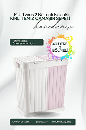 2 Bölmeli Dokumatik Kapaklı Mai Twins Temiz Kirli Çamaşır Sepeti 40+40 Litre