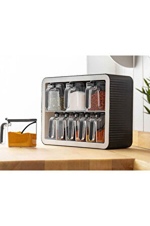 9'lu Baharatlık Takımı Standlı Kendinden Yapışkanlı Kaşıklı ve Kapaklı Baharatlık Seti