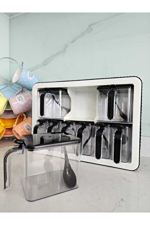 9'lu Baharatlık Takımı Standlı Kendinden Yapışkanlı Kaşıklı ve Kapaklı Baharatlık Seti