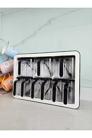 9'lu Baharatlık Takımı Standlı Kendinden Yapışkanlı Kaşıklı ve Kapaklı Baharatlık Seti