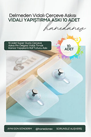 10 Adet Süper Güçlü Çerçeve Askısı Pin Delgisiz Vidalı Tırnak Kanca Yapışkanlı Raf Tutucu Askı