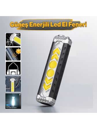 Güneş Enerjili Solar Usb Şarjlı Kamp El Feneri Mıknatıslı Askılı Metal Cam Kırma Uç COB Led Işıldak