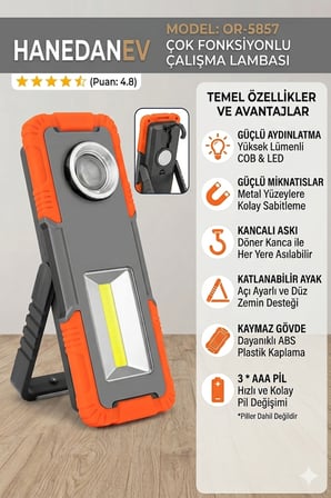 Çok Fonksiyonlu COB LED Çalışma Lambası - Mıknatıslı, Kancalı, Ayaklı Fener El Tamirci Lambası