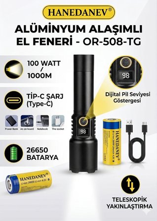 100 Watt 1000 Metre Menzilli Teleskopik Zoomlu Şarj Edilebilir Dijital Göstergeli Alüminyum El Fener
