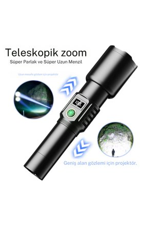 100 Watt 1000 Metre Menzilli Teleskopik Zoomlu Şarj Edilebilir Dijital Göstergeli Alüminyum El Fener