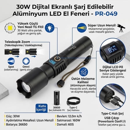 30 Watt Teleskopik Zoomlu Şarj Edilebilir Dijital Göstergeli Alüminyum El Fener 2000 Mah Batarya