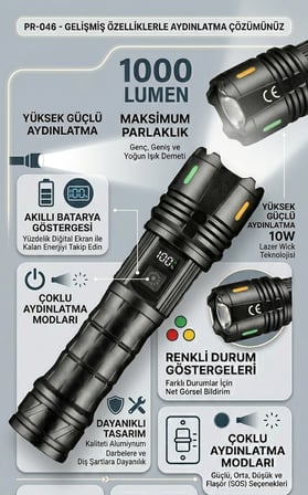 1000 Lümen 10 Watt Teleskopik Zoomlu Şarj Edilebilir Dijital Göstergeli Alüminyum El Fener