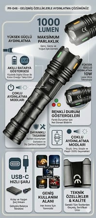 1000 Lümen 10 Watt Teleskopik Zoomlu Şarj Edilebilir Dijital Göstergeli Alüminyum El Fener