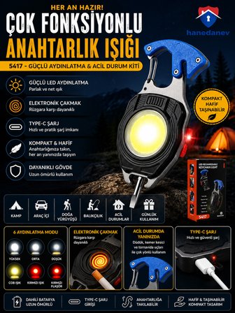 Şarjlı Kamp Feneri Anahtarlık El Feneri Elektronik Çakmak Type-C Şarj Acil Durum Kamp Ekipmanı 5417