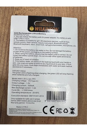 Şarjlı İnce Pil 1.5V AAA Şarj Edilebilir Lityum Pil 925mWh USB-C Girişli, 2’li Paket Şarj Kablolu
