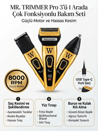 3ü1 Arada Şarjlı Kişisel Bakım Seti 8000 RPM, LED Gösterge Saç, Sakal, Burun ve Kulak Tıraş Makinesi