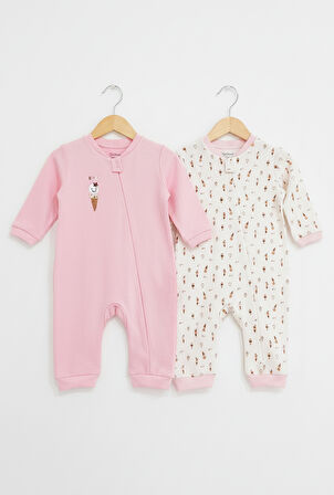 Baskılı 2'li Kız Bebek Tulum Seti 3-24 Ay KD53128