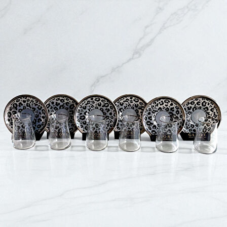 Leopar Desenli 6'lı Cam Tabaklı Çay Bardağı Takımı - Sudedi Home
