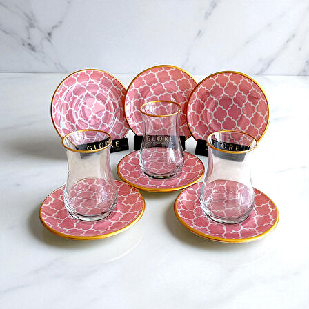 Pembe Geometrik Desenli 6'lı Cam Tabaklı Çay Bardağı Takımı - Sudedi Home
