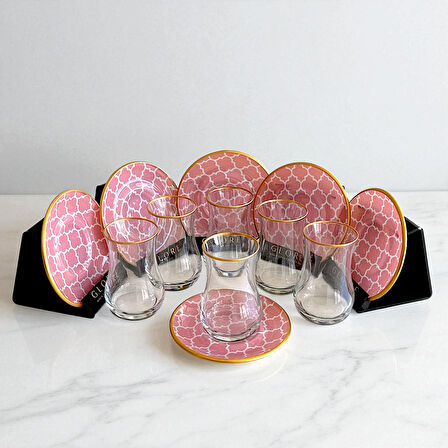 Pembe Geometrik Desenli 6'lı Cam Tabaklı Çay Bardağı Takımı - Sudedi Home