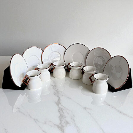 Lüks Geometrik Kulplu Kahve Fincan Seti - Rose Gold Detaylı 6'lı