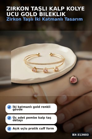Zirkon Taşlı Kalp Kolye Ucu Gold Bileklik - Pirinç Materyal Kadın Aksesuarı BX-313603