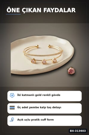 Zirkon Taşlı Kalp Kolye Ucu Gold Bileklik - Pirinç Materyal Kadın Aksesuarı BX-313603