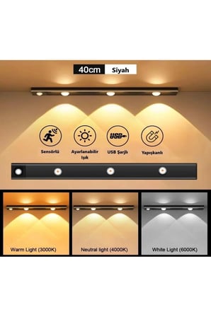 Bella Slim Cabinet Hareket Sensörlü Siyah Dimmerli LED Dolap Lambası