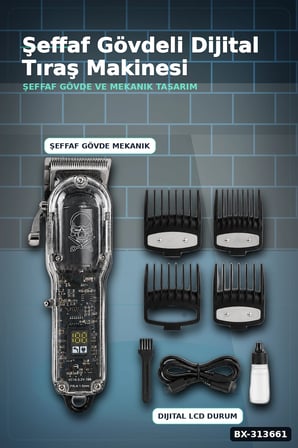LCD Ekranlı Şarjlı Saç Tıraş Makinesi 1800 mAh 4 Taraklı USB Şarj Güçlü Motor Kesme Aleti BX-313661