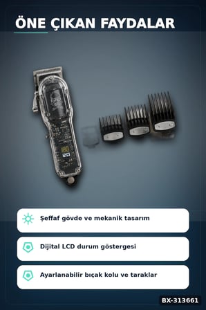 LCD Ekranlı Şarjlı Saç Tıraş Makinesi 1800 mAh 4 Taraklı USB Şarj Güçlü Motor Kesme Aleti BX-313661