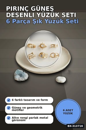 Pirinç Güneş Desenli 6 Adet Yüzük Seti - 7-8 Numara Bayan Takı Hediyelik BX-313716