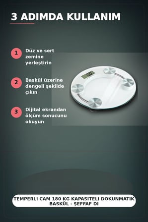 Temperli Cam 180 Kg Kapasiteli Dokunmatik Baskül - Şeffaf Dijital Tartı, Ev Kullanımı BX-313434