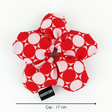 WoodyCord El Yapımı Kırmızı Beyaz Puantiyeli Pofuduk Scrunchie Toka - Eğlenceli ve Hacimli