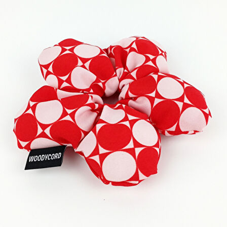WoodyCord El Yapımı Kırmızı Beyaz Puantiyeli Pofuduk Scrunchie Toka - Eğlenceli ve Hacimli