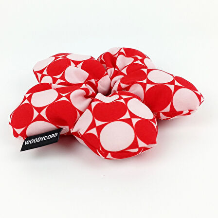 WoodyCord El Yapımı Kırmızı Beyaz Puantiyeli Pofuduk Scrunchie Toka - Eğlenceli ve Hacimli