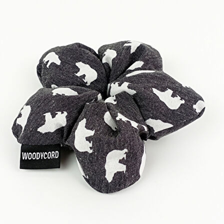 WoodyCord El Yapımı Gri Kutup Ayısı Desenli Pofuduk Scrunchie Toka
