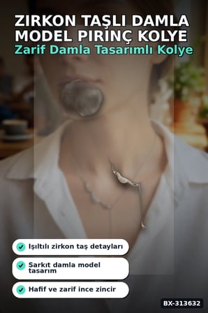 Zirkon Taşlı Damla Model Pirinç Kadın Kolyesi, 45 cm Zincirli Gümüş Renk Takı BX-313632