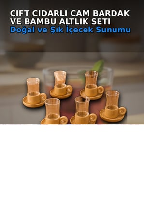 Cift Cidarli 150 Ml 6 Adet Cam Cay Bardagi Ve 6 Adet Bambu Altlik Seti BX-313777