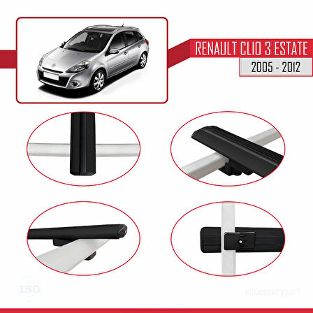 Renault Clio 3 Estate 2005-2012 Arası ile Uyumlu BASIC Model Ara Atkı Tavan Barı Siyah 2 Adet
