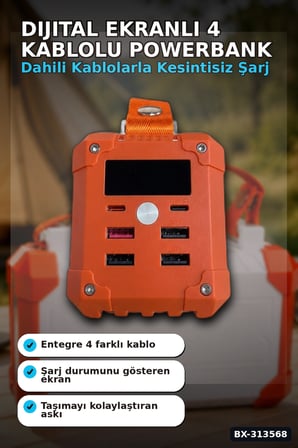 Dijital Ekranli 60000mAh 4 Kablolu Powerbank 22.5W Hizli Sarj Coklu Cikisli BX-313568