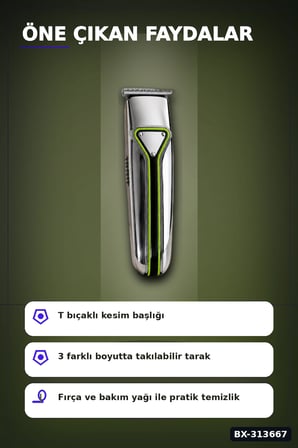T Bıçaklı Profesyonel Saç Sakal Kesme Makinesi USB Şarjlı 3 Taraklı Erkek Bakım Seti BX-313667