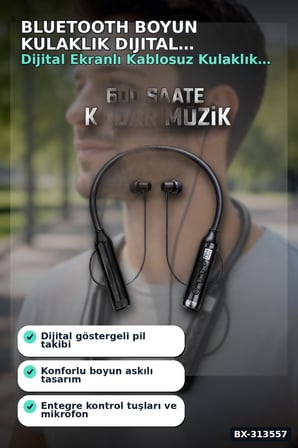 Bluetooth V4.0 Boyun Kulaklık 600 Saat Bekleme Dijital Göstergeli Çift Cihaz Bağlantılı BX-313557