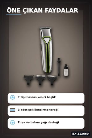 USB Sarjli T Tipi Bicakli Sac Sakal Kesme Makinesi 3 Tarakli Profesyonel Erkek Traas BX-313669