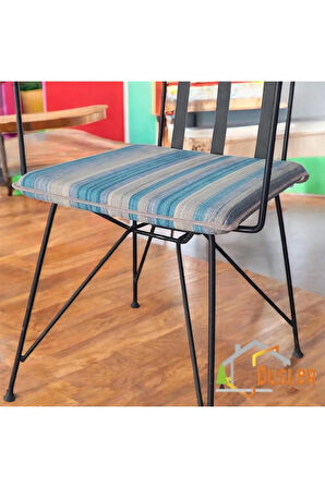 40x40 Mavi Gri Çizgili Su ve Leke İtici Fermuarlı Bağcıklı Cappucino Biyeli Sandalye Minderi 4 cm