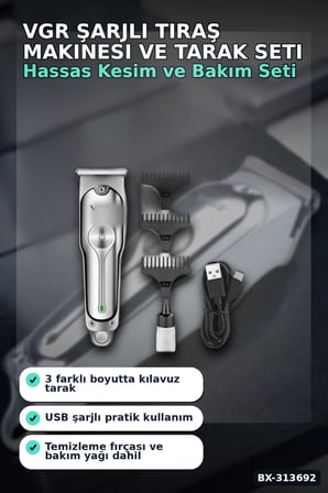 3 Başlıklı Şarjlı Tıraş Makinesi 14cm Paslanmaz Çelik Taraklı Ense Sakal Saç İçin BX-313692