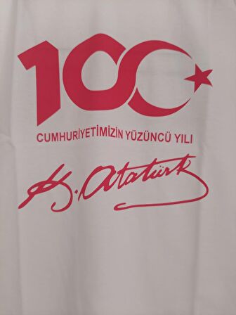 MODAVALS 23 NİSAN 19 MAYIS 30 AĞUSTOS 29 EKİM 10 KASIM OKUL GÖSTERİ UNISEX GARSON BOY 100. YIL ATATÜRK İMZA BASKILI KISA KOL TSHIRT - BEYAZ