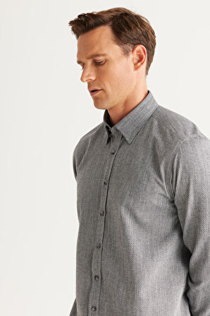 Erkek Siyah Slim Fit Dar Kesim Gizli Düğmeli Yaka Pamuklu Armürlü Gömlek