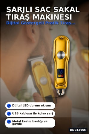 3 Taraklı Şarjlı Saç Sakal Tıraş Makinesi, Turbo Modlu LED Gösterge T Bıçak Kesim BX-313666