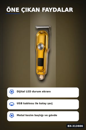 3 Taraklı Şarjlı Saç Sakal Tıraş Makinesi, Turbo Modlu LED Gösterge T Bıçak Kesim BX-313666