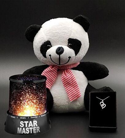 Tatlı Peluş Panda & Star Master Gece Lambası & 100 Dilde Seni Seviyorum Kolye Hediye Seti