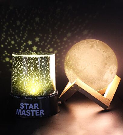 Yıldız Yansımalı Star Master Gece Lambası & Gerçekçi 3D Ay Gece Lambası Hediye Seti