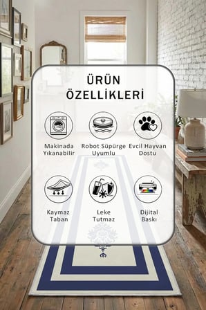 Yıkanabilir Kaymaz Black Punto Krem Lacivert Dijital Baskılı Yolluk Halı Tüy Tutmaz Krem