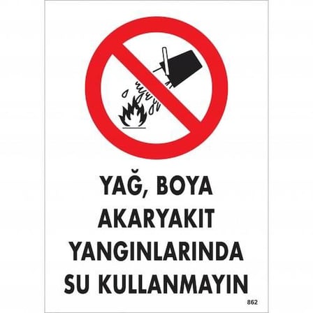 S'82 Yağ Boya Akaryakıt Yangınlarında Su Kullanmayın Uyarı Levhası 25x35 cm